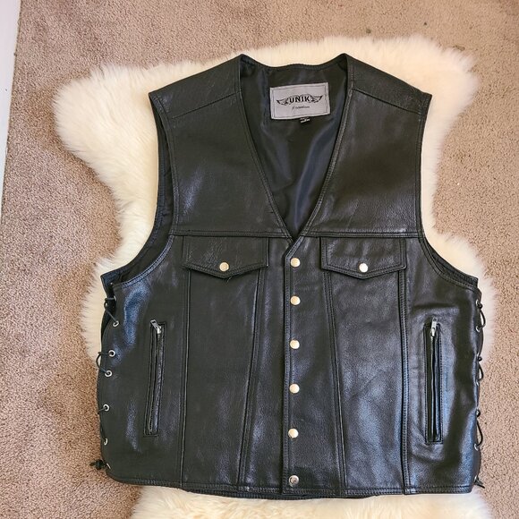 UNIK Premium Black Leather Biker Vest - Picture 2 of 13